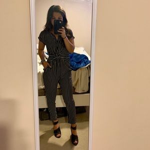 Vici collection Black and Tan striped jumpsuit.